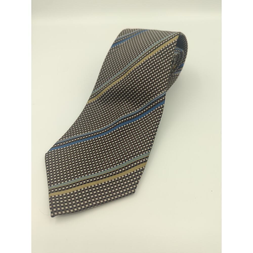 Salvatore Pellegrino Neck Tie 100% Silk Brown Blue Neutral Check Striped Work